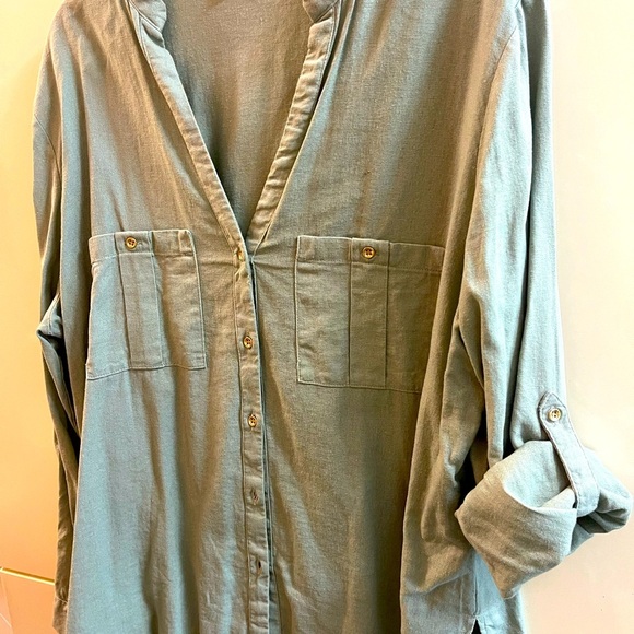Zara Women's Linen Blend Front Roll Tab Sleeve Top Blouse Shirt Olive Sz XLarge - Picture 4 of 7